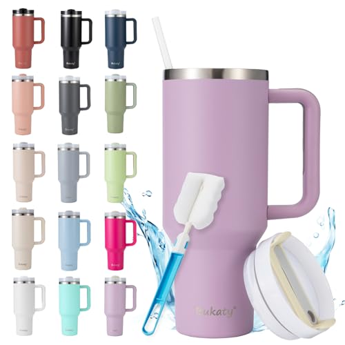 Bukaty Thermobecher mit Strohhalm 40oz/1.2L, Trinkbecher mit Deckel und Strohhalm, Edelstahl Vakuum Isolierbecher mit Henkel,Großer Kaffeebecher to go Autobecher für Heiße & Kalte Getränke,Helles Lila