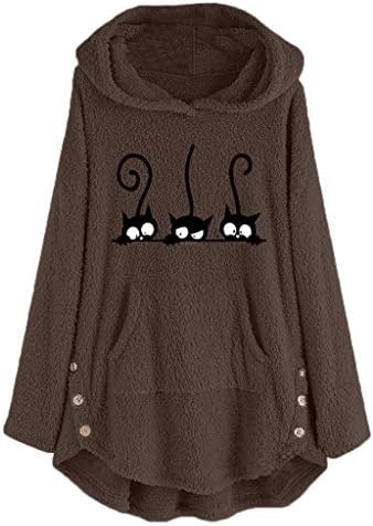 Women Fall Tops, Christmas Sweater Women's Cardigan Long Sleeve Flowy Dress for Fleece Cat Embroidery Plus Size Warm Hoodie Top Button Sweater Blouse Ladies Pocket Plush Cute (4XL, Brown)