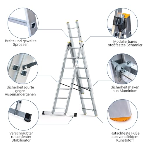 StablePro verwandelbare Leiter, 3 x 7 Stufen, Aluminium, ausziehbar, 6 Positionen, Arbeitshöhe max. 5,00 m, Hostrom