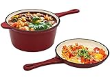 Enameled Cast Iron 2-In-1 Multi-Cooker, AIDEA 2-Quart Skillet and Lid Set, Cast Iron Saucepan - Non-Stick Anti-Rust Ceramic Dutch Oven Pot Frying Pan for Chef Kitchen Restaurant -Red