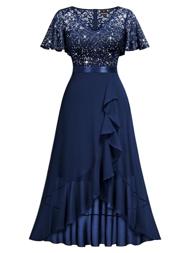 Miusol Women's Classy V-Neck Butterfly Sleeve Sequined Floral Lace Ruffle Split Bridesmaid Party Dress (Medium, Navy Blue)3