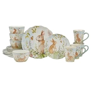 Certified international meadow 16 piece ceramic dinnerware setservice for 4bunny floral design perfect for easter spring holiday diningdurable microwave dishwasher safe multicolor  urban country home decor