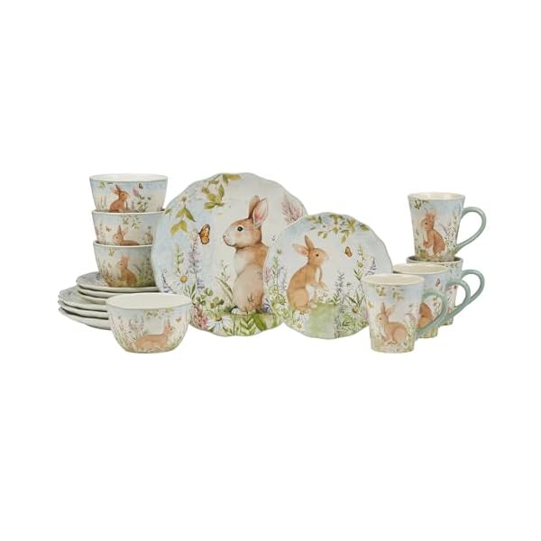 Certified international meadow 16 piece ceramic dinnerware setservice for 4bunny floral design perfect for easter spring holiday diningdurable microwave dishwasher safe multicolor  urban country home decor