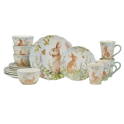 Certified International Meadow 16 Piece Ceramic Dinnerware SetService for 4–Bunny Floral Design Perfect for Easter Spring Holiday Dining–Durable Microwave Dishwasher Safe Multicolor