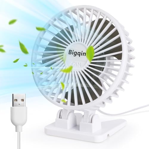BICKON Mini Ventilateur Portable Silencieux - 3 Vitesses USB Rechargeable, Ventilateur De Bureau Pliable Avec Lanière Et Base Pour Voyage, Camping Et Bureau - Blanc