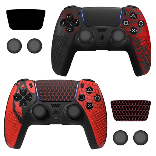 Image of Meyaar Anti-Slip Silicone Cover for PS5 Controller with Thumb Grip Caps & Touchpad Sticker Made for PS5 Controller Only. (Bloodline Black + Honeycomb (2 Pack))