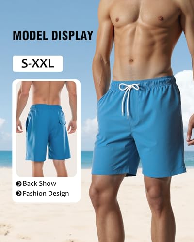 Image of Mens Swim Trunks with Compression Liner 2 in 1 Quick Dry Swimming Shorts Swimwear Bathing Suits with Pockets, 7 Inch-Pure Blue,L