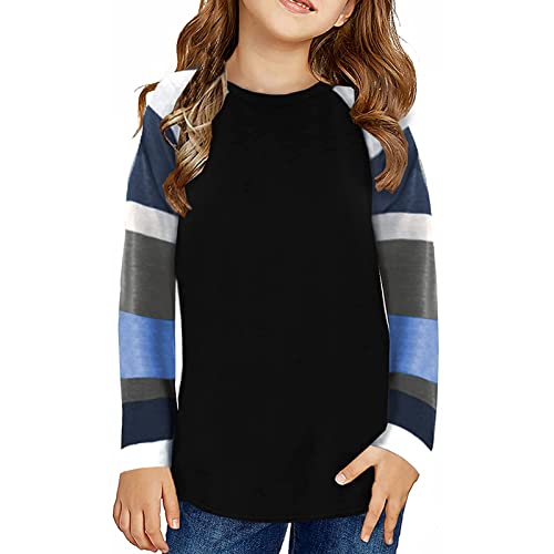 Girls Casual T-Shirt Long Sleeve Tee Tops Color Block Striped Crewneck Loose Tunic Blouse Kids Pullover(Black,10-11 Years), Blackf