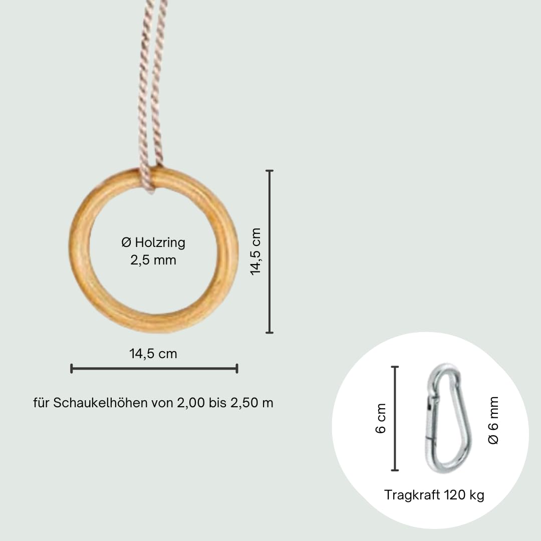 h2i Turnringe aus Holz Ø145 mm | Gymnastikringe mit höhenverstellbaren PP‑Seilen & Karabinern | Für Indoor & Outdoor geeignet | Zubehör für Schaukeln & Trainingsgeräte