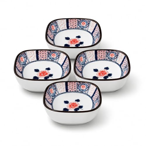 Image of YELONA Japanese Gifting Ceramic Bowl Set of 4 | 200ml Blue Floral Porcelain Elegant Serving Bowl for Rice, Soup, Snacks & Dessert | Ceramic Dinner Set for Gifting - (Hana Bloom)
