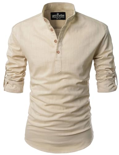 Image of Univibe Full Sleeve Chinese /Rounded /Mandarin Collar Pure Cotton Casual, Wedding, Party, Festival Stylish Short Length Slim fit Kurta Style Shirt for Men and Boys.