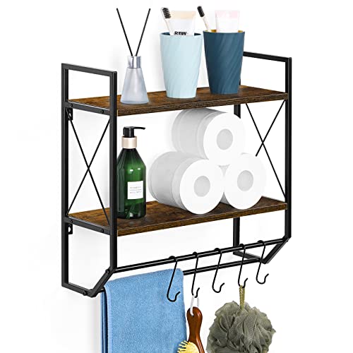 Bathroom Wall Shelf Wall Mounted Industrial 2 Tier Wood Bathroom Towel Rack With Towel Bar, 5 Metal Hooks Rustic Wall Hanging Toilet Storage Shelf For Kitchen, Bathroom, Brown #TOP23