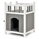 COSTWAY Hölzernes Katzenhaus Outdoor Winterfest, Katzenhütte 2 Ebenen, Holz Katzenhöhle, Haustierhütte wetterfest für draußen und drinnen 45x45x65cm