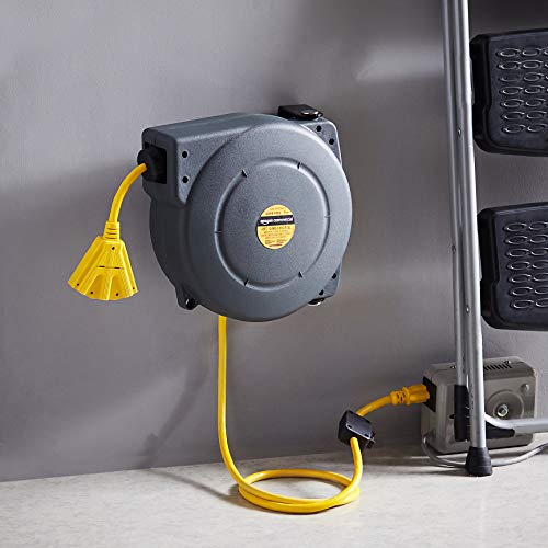 Amazoncommercial Extension Cord Reel Heavy Duty Retractable 12Awg X 40' Feet Industrial Grade 3C/Sjt Cable With Triple Tap Connector And Swivel Bracket Power Rating 15A 125Vac 1875W 60Hz, Black #TOP5