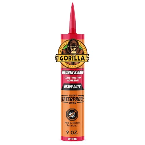 Gorilla Kitchen & Bath Construction Adhesive, Heavy Duty Strong Waterproof Bond, White, 9 fl. oz....