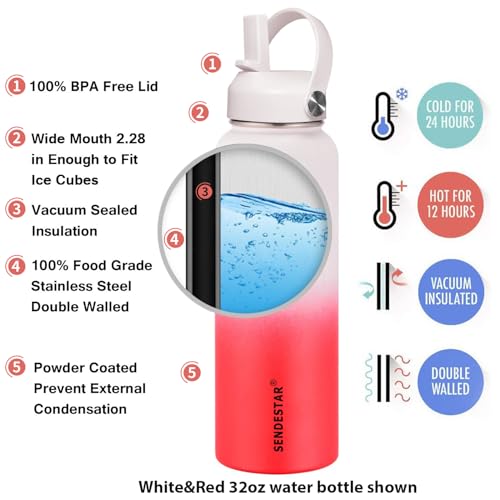 Image of SENDESTAR Water Bottle 32oz Double Wall Vacuum Insulated Leak Proof Stainless Steel Sports Water Bottle-Wide Mouth with New Flex Straw Lid & Spout Lid (White&Red)