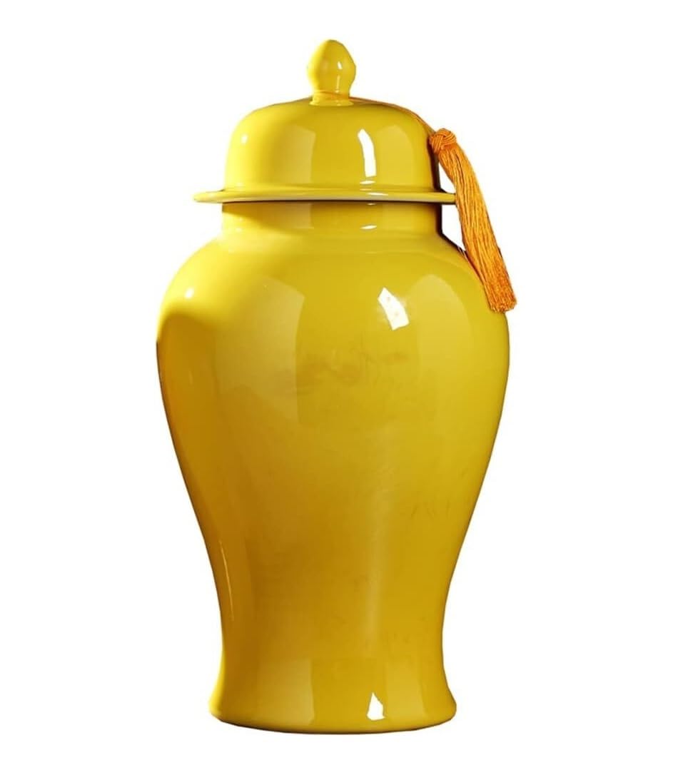 SBJKLYRN ceramic jar， Modern Ceramic Ginger Jar with Lid Yellow Decorative Porcelain Jars Temple Jar with Lids Flower Vase Temple Jar(25 * 47cm)
