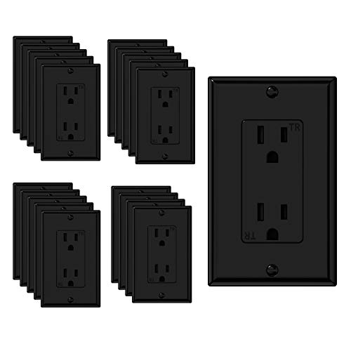 Webang Decorator Electrical Wall Outlet Black, Tamper-Resistant Duplex Receptacle, Residential Grade, 3-Wire, Self-Grounding, 2-Pole, 15A 125V, Etl Listed, 20 Pack Wall Plates Included #TOP6