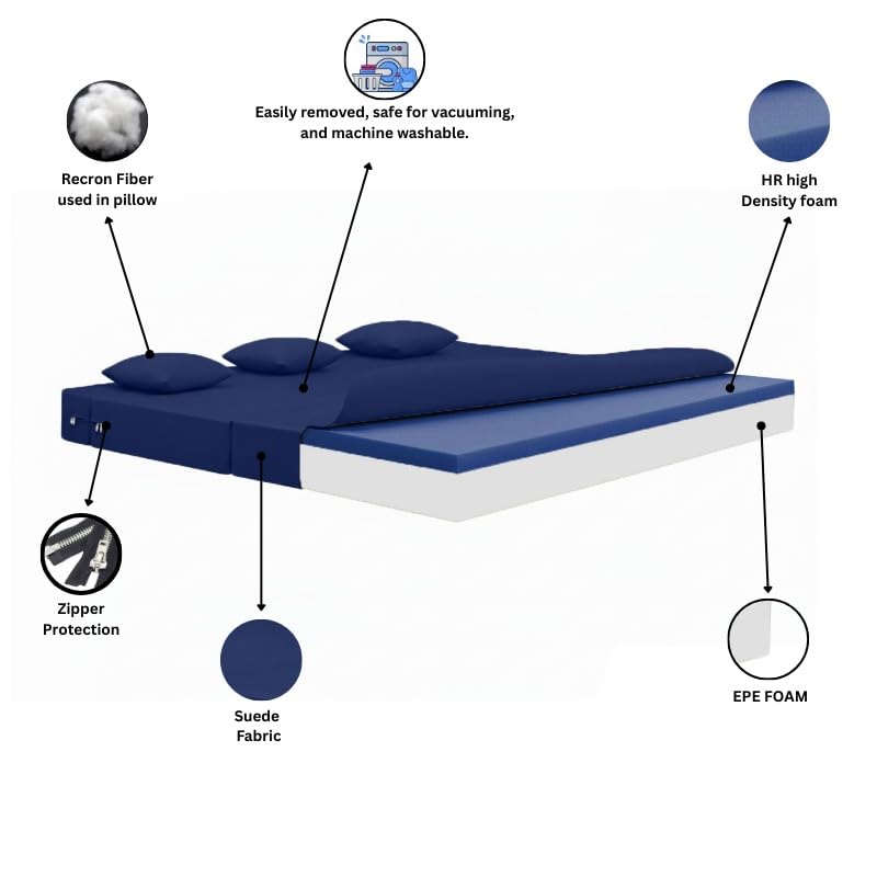 Image of AMATA Instant 3 Seater Foldable Sofa Cum Bed Royal Blue Suede Velvet Fabric with 2 Pillow Perfect for Home Living Office Room and Guests (3 Year Warranty) (Royal Blue, Instant 3 Seater Sofa Cum Bed)