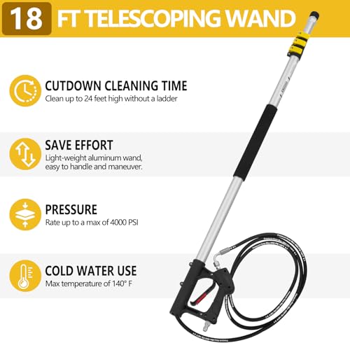 Image of 18 FT Telescoping Pressure Washer Wand with Power Washer Extension Wand, Gutter Cleaner Attachment, 5 Spray Nozzle Tips and 2 Hose Inlet Adapters