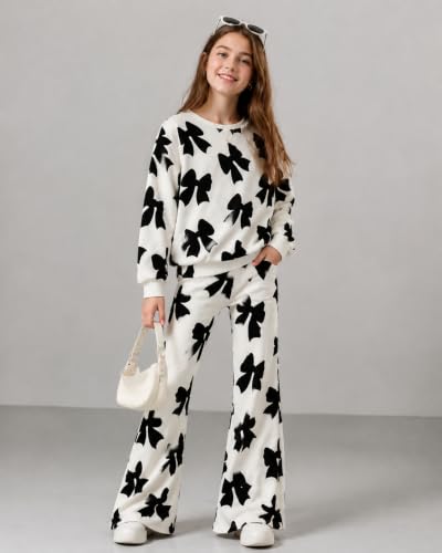 Image of Tween Girls Clothes Long Sleeve Graphic Sweatshirt Top + Bow Knot Pants 2 Piece Outfit Set, Size 7-16Years