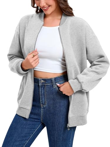 Timuspo Casual Zip Up Womens Sweatshirts Jackets Long Sleeve Loose Bomber Jacket Solid Color Hoodless Outerwear with Pockets Grey L - Image 3