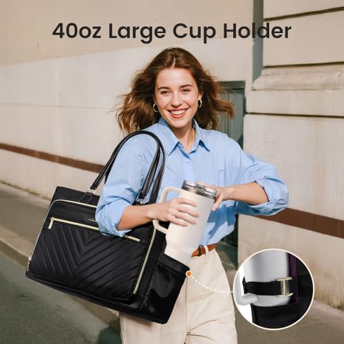 Image of LOVEVOOK Laptop Tote Bag for Women, Work Bag Teacher Tote with Large Cup Holder, Quilted Nurse Diaper Bag for Travel, Computer Women's handbags for Teacher gift, Black, 15.6 Inch