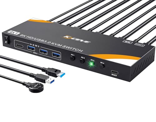 Image of 8K KVM Switch 1 Monitor 4 Computers 8K@60Hz 4K@120Hz, HDMI KVM Switch with 3 USB 3.0 Ports for 4 Computers Share 1 Monitor Keyboard Mouse Printer, with 2 USB Cables and Controller