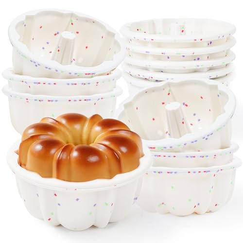AOTASO 4 Inch Silicone Mini Fluted Tube Cake Pans with Metal Frame 12 Pcs Nonstick Mini Flan Molds for Baking BPA Free Individual Reusable Jello Mold for Small Business or Home Baker(Cream)