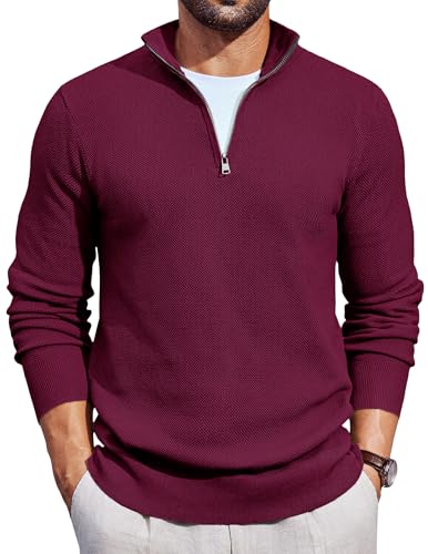 Image of COOFANDY Men's Jumpers Quarter Zip Jumper Knitted Winter Sweater Half Zip Jumper Knitwear 1/4 Zip Turtleneck Work Jumpers Wine Red L