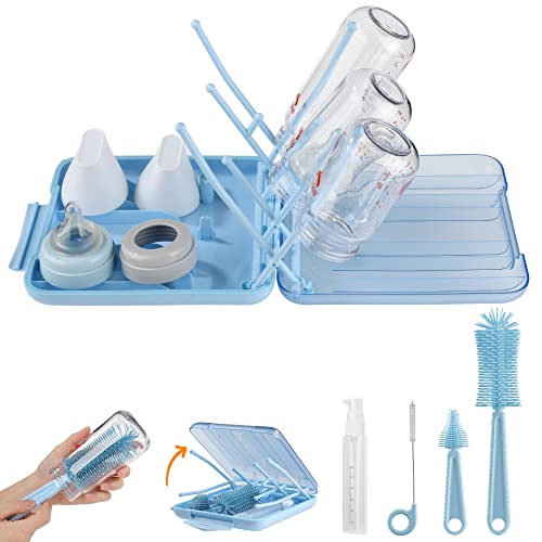 Image of Bottle Brush Set -Baby Travel Essential-6 in 1 Bottle Cleaner Kit with Silicone Bottle Brush,Nipple Cleaner Brush,Straw Brush,Soap Dispenser,Storage Box,Bottle Drying Rack for Home and Travel(Blue)