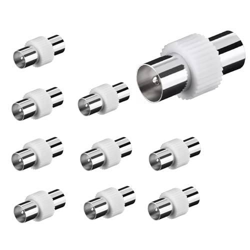 TECHZOCO Adaptador de Antena Macho a Macho, Adaptador de Cable Coaxial RF, Empalme de cable antena, Conector de TV Macho a Macho, 75 ohmios, Apto para acoplar 2 cables coaxiales, PVC, 10 unidades
