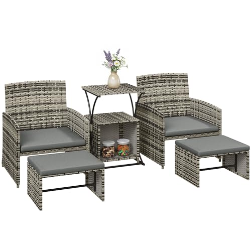 Image of Outsunny 6 Piece Rattan Garden Furniture Set, Space-Saving Patio Furniture Conversation Set with 2 Nesting Tables, 2 Chairs, 2 Footstools, Wicker Outdoor Sofa with Cushions for Balcony Porch, Grey