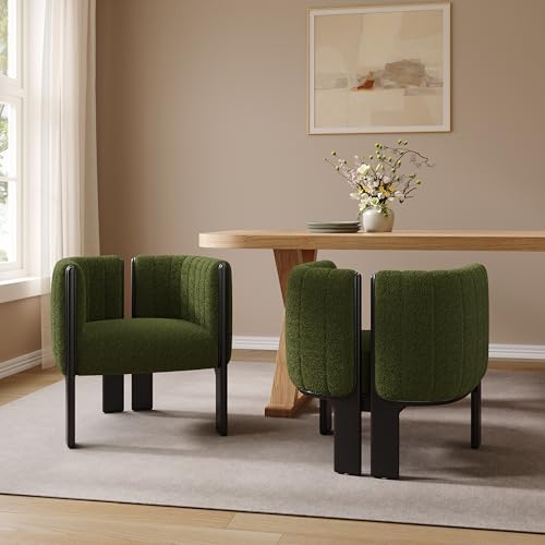 Christopher Knight Home Yusi Boucle Upholstered Dining Chairs Set of 2, Modern Wooden Dining Armchair, Curved Backrest Kitchen Side Chair, Living Room Accent Chair for Extra Seat, Black + Olive Green - Thumbnail 2