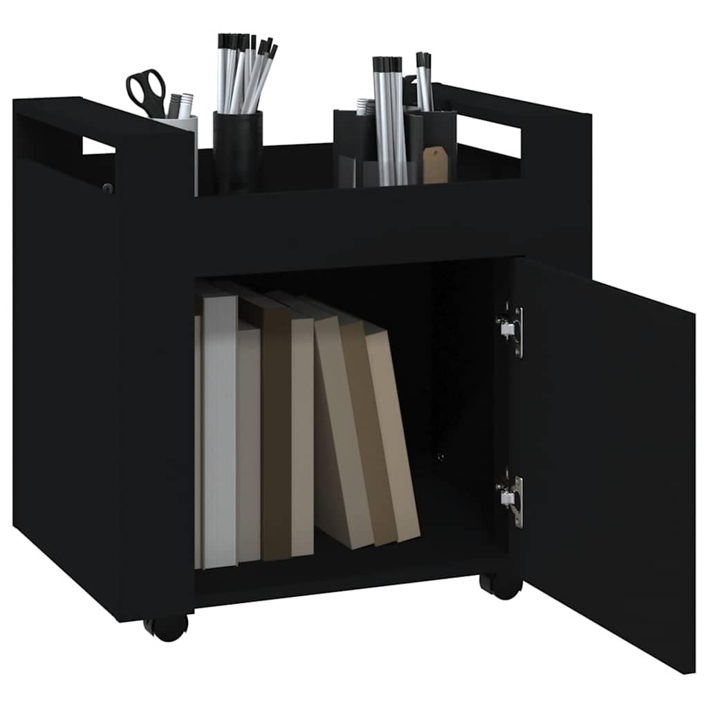 Bürowagen Schwarz 60x45x60 cm Holzwerkstoff mit 4 Rollen und Stabiler Oberplatte für Ordnung im Büro, Schreibtischwagen mit praktischer Tür zur Aufbewahrung, Büroorganisation