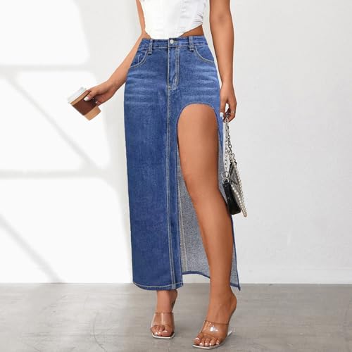 High Waist Long Skirt Button Zipper Denim Women Maxi Side Slit3