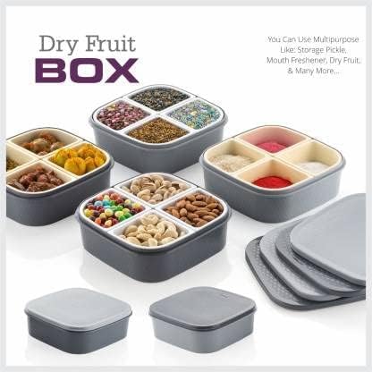 Image of Dry Fruit Storage Box with 4 Compartments | Airtight Multipurpose Snack Organizer | Plastic Dry Fruit Container with Lid | Kitchen Storage Box for Nuts, Spices, Snacks (18x18x6 cm)