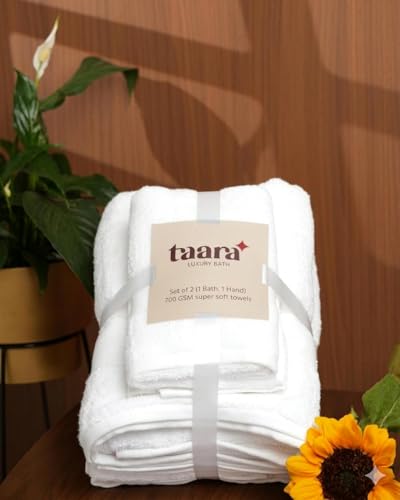 Towel Set (1 Bath & 1 Hand Towel) | 700 GSM Super Soft, Highly Absorbent Premium Cotton Towels for Bathroom, Spa, Gym & Daily Use (White)