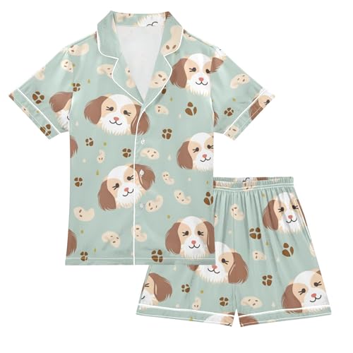 ALAZA Pug Dog Blue Paw Print Pajamas Satin Pajama Set Short Sleeve Button Down Sleepwear