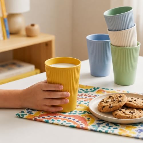 Image of Wheat Straw Cups - Set of 4 Reusable 400ml Drinking Glasses | Ribbed Unbreakable Lightweight Tumblers for Water, Juice, Tea, Coffee | Home, Kitchen, Outdoor Use (Multicolor)
