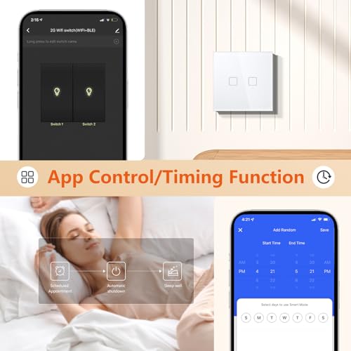 MVAVA Touch Lichtschalter Unterputz, Wlan Smart Lichtschalter Kompatibel mit Alexa/Google Home Work mit Tuya/Smart Life, Glas Alexa Lichtschalter, Neutrale Leitung Benötigt 2 Fach 1 Weg
