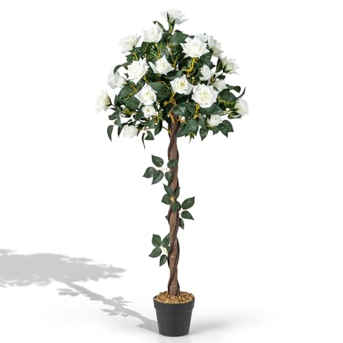 COSTWAY Plante Artificielle de 120 cm en Pot, Fausse Rosier à Fleurs avec Pot de Pépinière Roses Blanches, Arbre à Fleurs Artificiel Décoration Moderne...