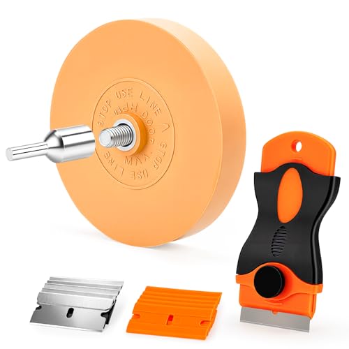 Image of Eraser Wheel Decal Remover Tool Kit, 4 inch Solid Rubber Eraser Wheel for Drill with Razor Blade Scrapers, Professional Adhesive Pinstripe Sticker Remover for Cars, Trucks, RVs