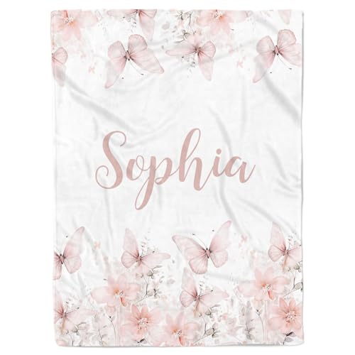 Pink Butterfly Personalized Baby Girl Blanket, Custom Name Gift (30 x 40 Baby)