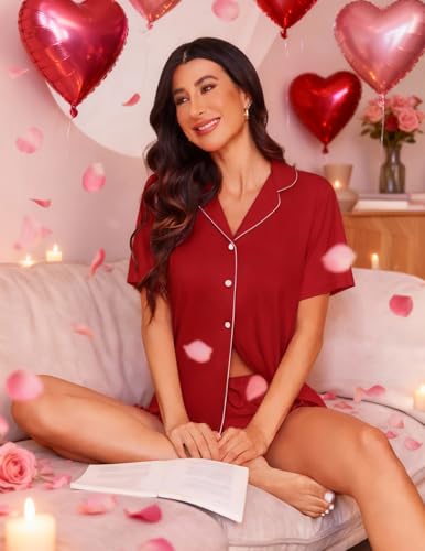 Image of Ekouaer Womens Pajama Sets Button Down Short Sleeve Top and Shorts Cute Ruffled Pjs Sets Sleepwear