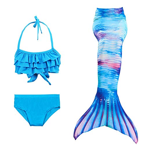 SmallPocket Traje De Baño Sirena De Las Muchachas Bikini Set Niña Azul 3PCS / Set Traje De Baño De Cola De Sirena Elástico Cómodo Y Duradero
