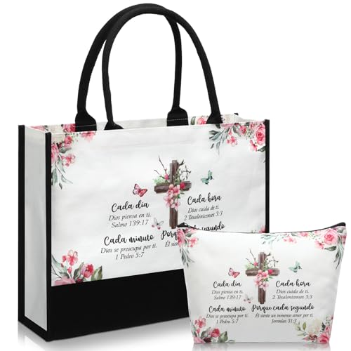 Aliceset 2 Pcs Christian Gifts for Women Spanish Canvas Tote Gifts Religious Bible Verse Tote Bag with Makeup Bag