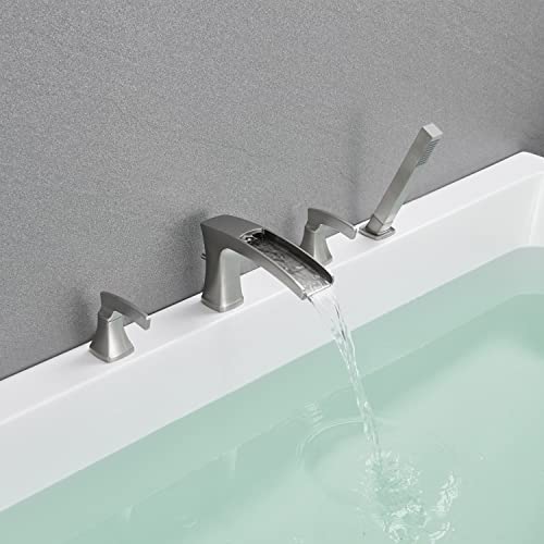 Artiqua Roman Tub Faucet Waterfall Tub Filler Brushed Nickel Deck Mount Bathtub Faucets 4 Hole Brass Bathroom Faucets With Hand Shower #TOP3