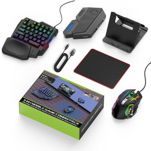 Image of 5 in 1 Mobile Game Combo Pack Pro with RGB Mini Gaming Keyboard & Mouse with Side Button, Gaming Adapter with Mobile Game Converter for Android (Wireless (APP Require))