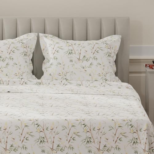 Image of Layers 100% Cotton Bedsheet for King Size Bed | Lumina Floret Collection | 144 TC Soft & Breathable | Printed with 2 Pillow Covers | Wrinkle Free & Colorfast | 3 Piece Bedding Set - Green & White